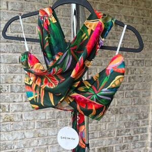 SHEIN Tropical Print Halter Crop Top Vacation series size large, wrap front